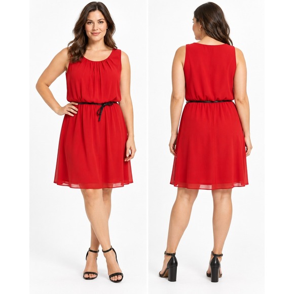 SOHO Apparel Ltd. Dresses & Skirts - SOHO Apparel Ltd Red Sleeveless Pleated Neck Belted Chiffon Dress Size 12 P69